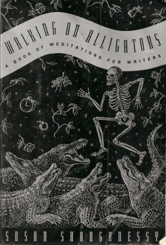 Cover of book, "Walking on Alligators," with skelton man walking on fierce alligators.