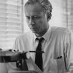 George Leonard at typewriter in the 1970s. Look magazine photo