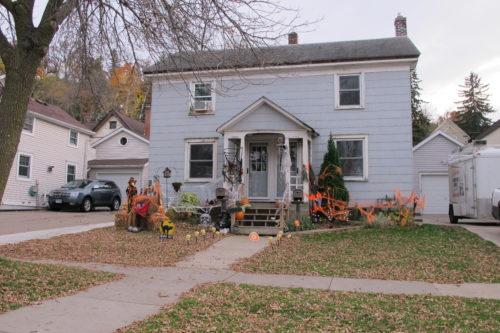 Are my ancestral ghosts haunting this Red Wing house decorated for Halloween. Barbara Falconer Newhall traveled to Red Wing, MN, to look for her 3x great-grandmother's houses. This house, a duplex, built in 1920, stands at the location on Third St. where her ancestor lived. Photos by Barbara Newhall