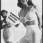 two women wearing 1960s Spirella Sarong girdle with sign "happiness is a flat tummy."