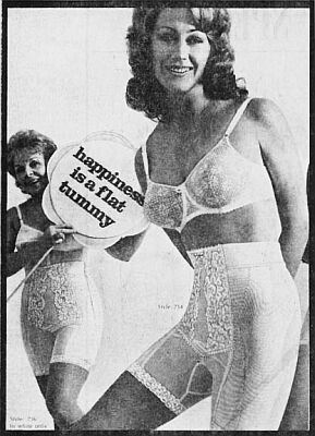 two women wearing 1960s Spirella Sarong girdle with sign "happiness is a flat tummy."
