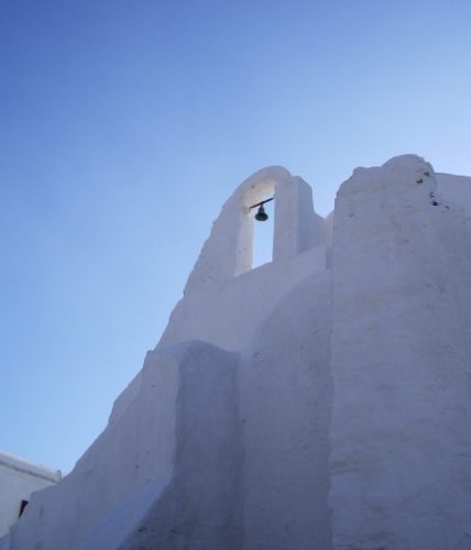 Church bell tower, whitewashed church in the Greek Islands. Photo by BF Newhall
