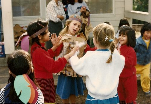 Kindergarten girls playing a hand game. Photo by BF Newhall
