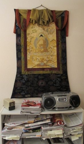 Office feng shui with bookcase and thangka from Nepal. photo by bf newhall
