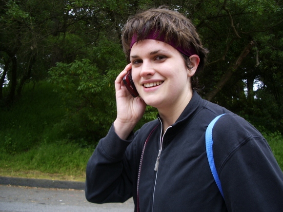 Christina Newhall with cell phone. Photo by BF Newhall