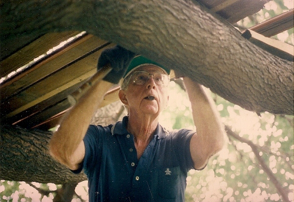 DB Falconer hammers planks to branch of tree for a treehouse for his grandchildren. Photo by Barbara Falconer Newhall