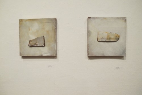 Two Nancy Selvin ceramic wall hangings, Findings #012 & #014. Photo by BF Newhall