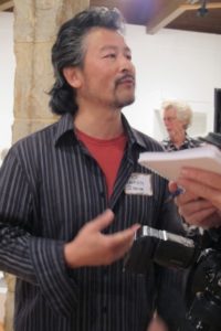 Wanxin Zhang, clay artist, at Berkeley Art Center ceramic show, Photot by BF Newhall