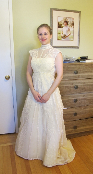 wearing mother's wedding dress