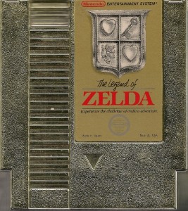 The gold cover of The Legend of Zelda game cassette.