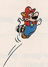 NES Mario Bros. 3 character Mario is flying in illustration from 1990 Nintendo instruction booklet.