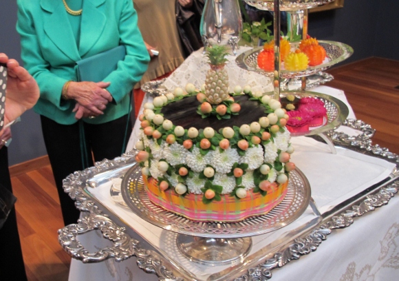 samantha williams,  clara McInerney  and dimitri tretiakoff produced a floral tea for two spread complete with decorated layer cake and petite fours for the de young museum's bouquets to art exhibition. Photo by BF Newhall.