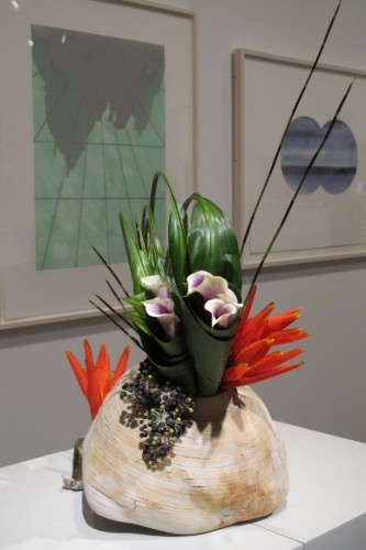 yu-mei chen assisted by chin-huat chang created a floral arrangement that included calla lilies to complement Mary Heilmann's "Passage" at the de Young museum's Bouquets to Art show, 2013. Photo by BF Newhall