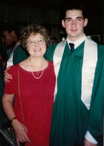 Peter Newhall in green high school graduation gown with his mother Barbara Falconer Newhall. Photo by BF Newhall