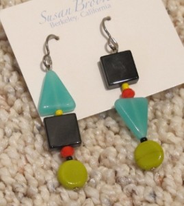 Black, green and aqua loop earrings made of beads by Berkeley artist Susan Brooks. Photo by BF Newhall