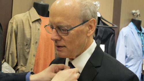 Father of the groom Jon Newhall tried on his wedding tux at Men's Wearhouse in Eden Prairie, MN. Photo by BF Newhall