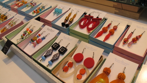 Jewelry artist Susan Brooks of Berkeley CA makes whimsical beaded hoop earrings for $36. Photo by BF Newhall