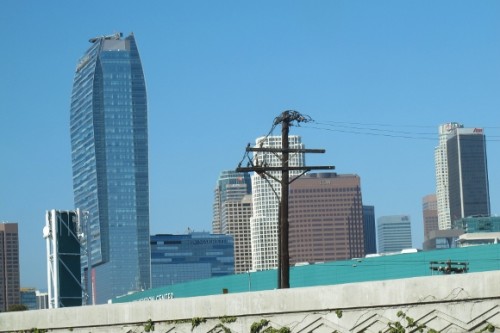 Ritz-Carlton's graceful skyscraper in downtown los angeles with an unsightly telephone pole marring the view. photo by bf newhall