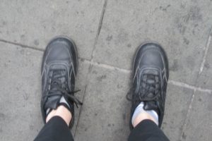 worn but sturdy black lace-up walking shoes worn by barbara falconer newhall in china. photo by bf newhall