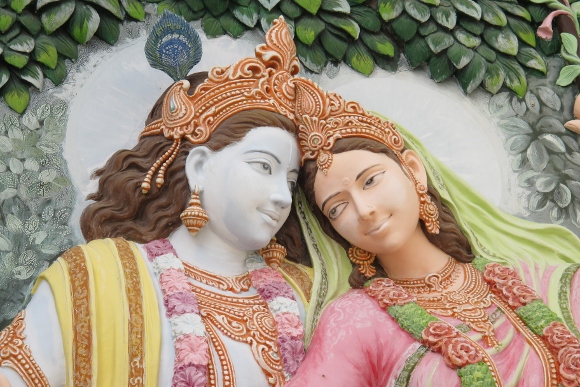 Colorful bas relief Image of Radha Krishna -- in both male and female form -- at the Rahha Madhav Dham temple in Austin TX. PHoto by bf newhall