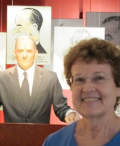 Writer Barbara Falconer Newhall poses in front of the LBJ automatron at the LBJ library and museum in Austin, TX. bf newhall photo