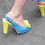 Seen in Shanghai -- turquoise open toed strap-heeled pumps with yellow heel and bow. Photo by BF Newhall