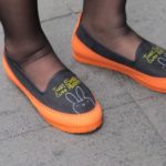 orange and black espadrille shoes with rabbit face in shanghai. photo by bf newhall