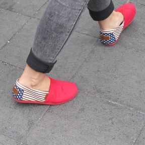 Canvas espadrille shoes decorated with stars and stripes in red, white and blue on the streets of Shanghai. Photo by BF Newhall