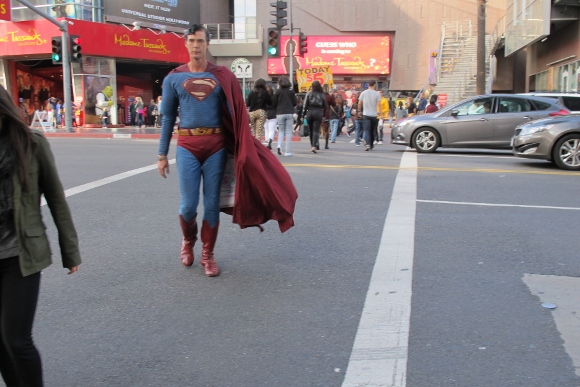 the superman at my house Actor Christopher Dennis crossing Walk of Fame street in Hollywood. Photo by BF Newhall