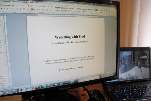 Computer monitor shows title page of "Wrestling with God" book manuscript ready to send to publisher. Photo by BF Newhall