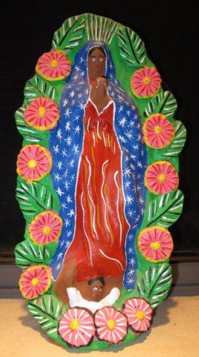 Colorful, hand-painted terra cotta statue of the Virgin of Guadalupe, from Mexico. Photo by BF Newhall