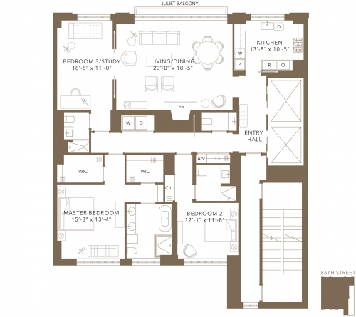 Floor plan of condo on East 86 Street, Manhattan, with three bedrooms and 3.5 baths.