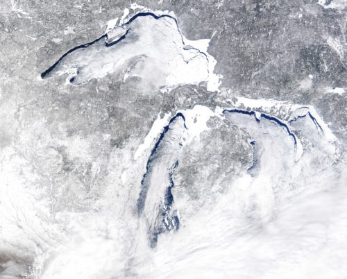 NASA satellite image of Great Lakes covered with ice and clouds, March 8, 2014. NASA image.