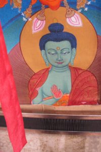 A thangka depicting a Buddha with blue skin at Himalayan Fair Berkeley. Photo by BF Newhall