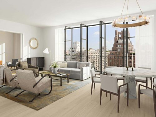 Living room of condominium on East 86 Street, Manhattan, with views of skyscrapers. 