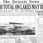 Front page of the Detroit News, 1913, with headline describing harsh shipwreck weather on Great Lakes.
