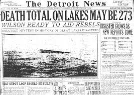 nature Front page of the Detroit News, 1913, with headline describing harsh shipwreck weather on Great Lakes.