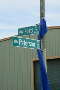 Street sign at the intersection of Ford and Peterson Streets -- Rue de Merde -- Jingletown, Oakland, CA. Photo by BF Newhall