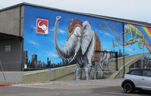 A mural embellishes the logo of the Oakland Museum Women's Board on Lancaster Street, Jingletown, Oakland, CA. The mural depicts an elephat with raised trunk. Photo by BF Newhall