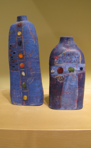 Dahli Tutman' Two blue ceramic vases at the Berkeley Potters Guild, Berkeley, CA. Photo by BF Newhall http://BarbaraFalconerNewhall