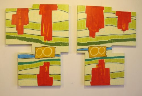 "Diptych," by Berkeley, CA, Painter, Judy Seidel is two jig-sawed pieces of wook painted abstractly with red, green and yellow shapes. Photo by BF Newhall
