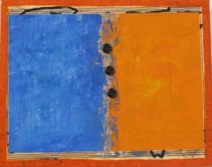 An abstract painting by Berkeley, CA, painter Judy Seidel is half blue and half orange. Photo by BF Newhall