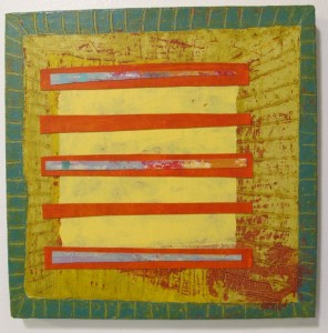 An abstract painting by Berkeley, CA, artist Judy Seidel has square yellow center with red stripes. Photo by BF Newhall