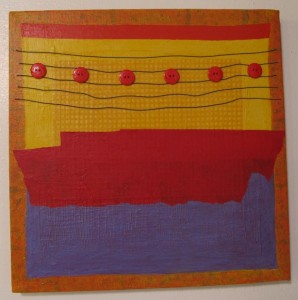 An abstract painting by Berkeley painter Judy Seidel is red, blue and yellow with red buttons. Photo by BF Newhall