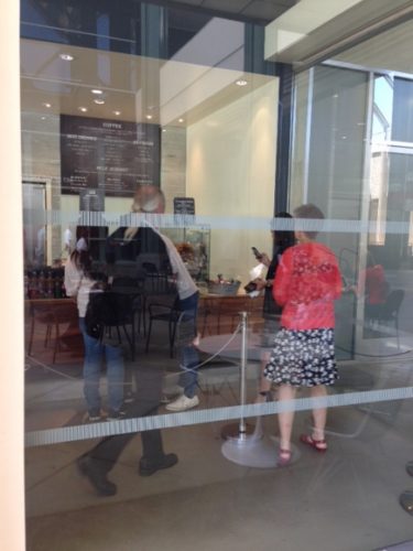 Glass wall at Los Angeles County Museum of Art (LACMA)  Coffee + Milk cafe after a second safety strip was installed June 11, 2014. LACMA photo