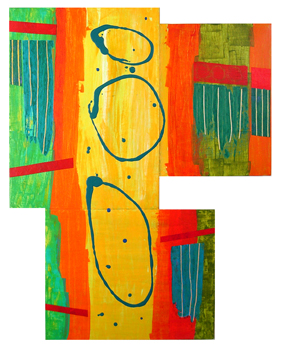 "Reconfigurations #3" is a painting in primary colors on three joined canvasses by Judy Seidel of Berkeley, CA. Photo courtesy of the artist.