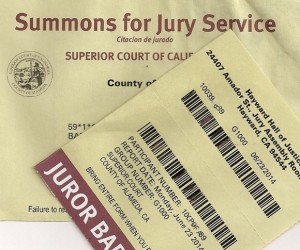 Copy of a jury duty summons and juror badge superior court of california. Photo by BF Newhall