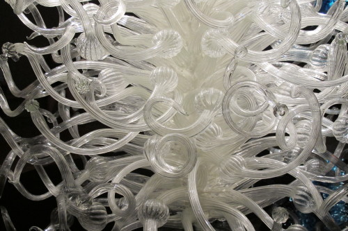 Glass chandelier by Dale Chihuly with white spiraling shapes. At Chihuly Garden and Glass in Seattle. Photo by Barbara Newhall