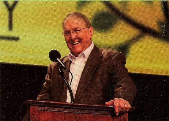 Recent photo of Focus on the Family founder James Dobson at a podium, talking.