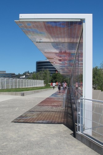 "Seattle Cloud Cover," by Teresita Fernandez, 2006, a pedestrian bridge with photographic material between layers of glass.